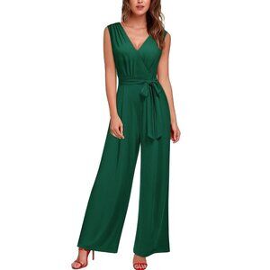 Formal Jumpsuit Women XL 16-18 Dark Green Sleeveless Wide Leg V Neck Tie Waist